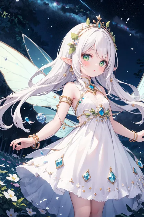 1girl,solo,masterpiece,incredibly absurdres,glowing eyes,long hair, diadem, best quality, white fairy dress,elf,white hair,green eyes,looking at viewer, standing, night sky, starry sky, glowing river,glowing fairy wings,center, bracelet,