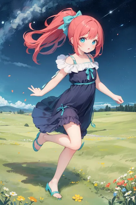 masterpiece, best quality, 1girl,solo,casual dress,open arms,full body,meadow,grass,late night,starry sky,red hair,ponytail,aqua eyes,looking at viewer,((facing viewer))