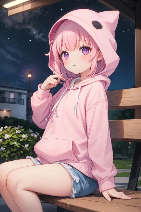 masterpiece, best quality, 1girl,solo,sitting on bench park,late night,starry sky,pink hair,hood up,pink hoodie,looking at viewer,purple eyes, outdoors,sidelighting,