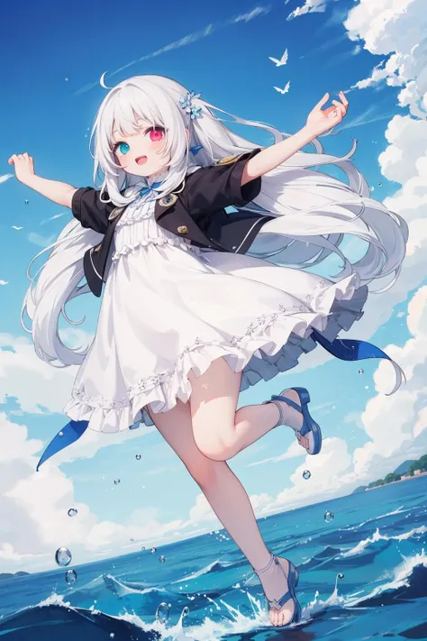 1girl, masterpiece, best quality,blue sky,looking at viewer,facing viewer,white dress, happy,long hair,close view,open arms,full body,Heterochromia,high detail eyes