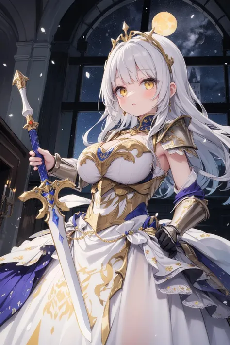 yellow eyes,1girl,masterpiece,incredibly absurdress,best quality,silver breastplate,((silver armor)),dress,looking at viewer,facing viewer,high detail eyes,holding glowing yellow sword, nighttime,elegant castle hall,side lighting,low lighting, glowing effect, big window, night sky, yellow moon,indoors,long dress,diadem