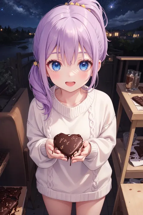 1girl,masterpiece, best quality,happy,night sky,starry sky,oversized sweater, from above,close view,center,purple hair,blue eyes,side ponytail, standing,holding chocolate,