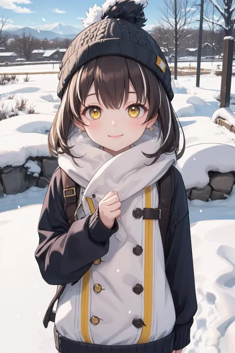 <lora:magallanAK-07:0.7>,magallan,1girl,masterpiece, best quality,outdoors,snow,blue sky,snow sweater,beanie, looking at viewer,smile,yellow eyes,