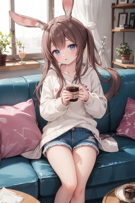 <lora:amiyaAK-07:0.8>, amidef, 1girl, masterpiece, best quality, looking at viewer, indoors, (long sleeves sweater, denim shorts), surprised, sitting on sofa, holding coffe cup,