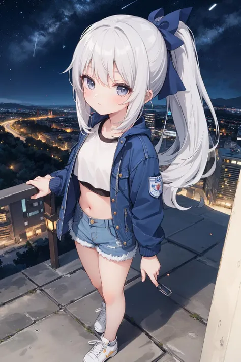 1girl,solo,masterpiece, best quality, grey eyes,hair_ribbons,white crop top,blue jacket,silver hair,(white shoes),ponytail,denim shorts ,looking at viewer,close view, center, standing, night sky,from above