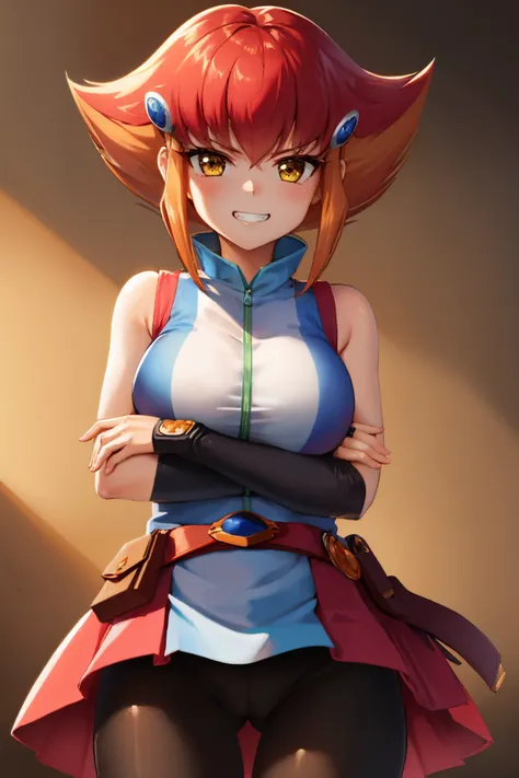(masterpiece, best quality:1.2), solo, 1girl, kouzukianna, grin, looking at viewer, crossed arms, v-shaped eyebrows, annadef, sleeveless dress, spandex shorts, fingerless gloves, belt <lora:kouzukianna-ygo-richy-v1_1:1.0>