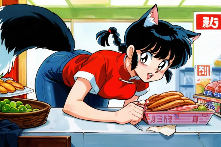 score_9, score_8_up, score_7_up, score_6_up, source_anime,
BREAK
indoors, shop,food,bent over,reaching out,lots of shopping bag, detailed background, retro artstyle,
BREAK
1girl, solo, ranma-chan, looking at viewer,
fox ears, animal ear fluff, black hair, braid, single braid, braided ponytail, sad, open mouth, teeth, parted lips, black eyes,
short fox tail,
red shirt, short sleeves, jeans, leaning forward,
sitting, spread legs,
BREAK
chinese clothes, <lora:Takahashi Rumiko_XL:0.8>, <lora:Worldly_XL:1>