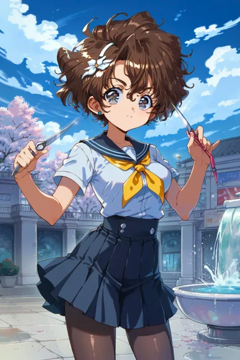 score_9, score_8_up, score_7_up, score_6_up, source_anime, 1girl, solo, cowboy shot, BREAK
detailed background, outdoors, on roof, fountain, blue sky, looking at viewer, BREAK
dark brown hair, medium hair, short hair, big hair, hair between eyes, hair ornament,
grey eyes, tsurime, (grin:0.7),
holding scissors,
medium breasts, black high-waist skirt, black long skirt, black skirt, pantyhose, white shirt, school uniform, yellow neckerchief, BREAK
<lora:Faux_Retro_XL:1> ,<lora:Worldly_XL:1>