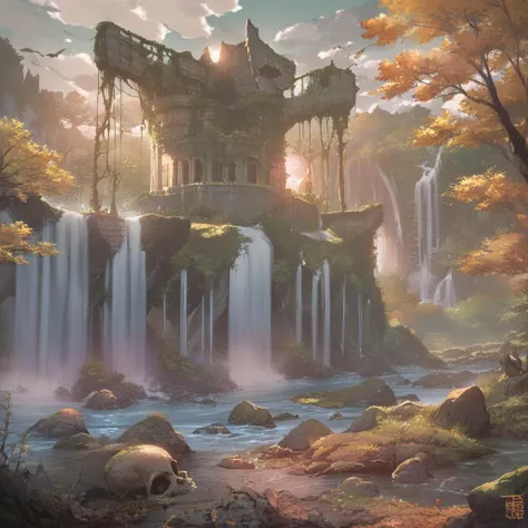 PonyXLV6_Scores,realistic,Highly Detailed,Attention to details,UHD,<lora:Worldly_XL:1>,High Fantasy Realms,in autumn,dusk,Dreamy forest,waterfall,gradient_sky,stratus,golden hour lighting,moss-covered ruins,broken swords,ripped flag,old battlefield,skeletons in old knight's armor,crumbled buildings,on the shore of a lake,absurdres,highres,