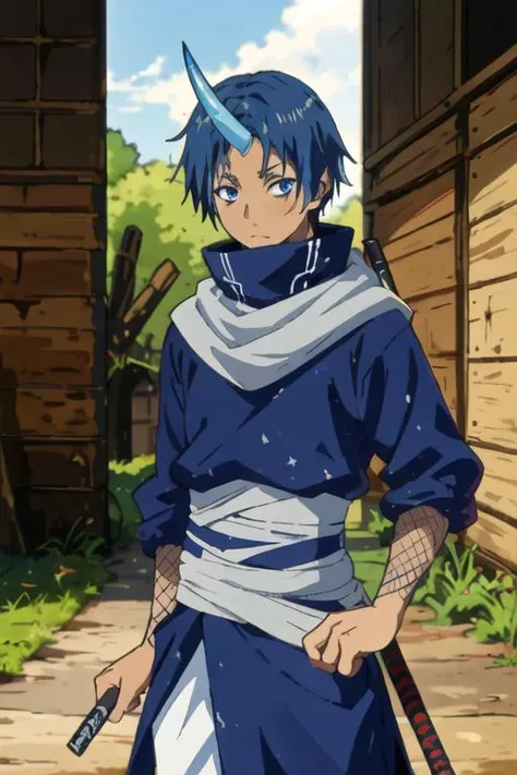 masterpiece, best quality, , 1boy, solo, male focus, looking at viewer, , depth of field, <lora:souei_tensei_shitara:0.72>, souei_tensei_shitara, blue hair, blue eyes, single horn, vandal costume, , 16k resolution