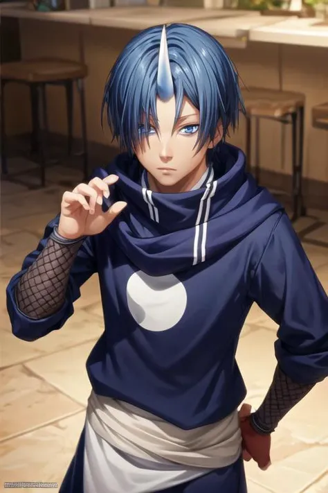 masterpiece, best quality, game cg, 1boy, solo, male focus, looking at viewer, , depth of field, <lora:souei_tensei_shitara:0.74>, souei_tensei_shitara, blue hair, blue eyes, single horn, , fantasy, 2k resolution