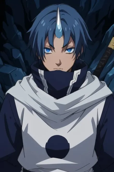masterpiece, best quality, sketch, 1boy, solo, male focus, looking at viewer, upper body, , <lora:souei_tensei_shitara:0.74>, souei_tensei_shitara, blue hair, blue eyes, single horn, , The Vale of Shadows: A dark and foreboding valley where no sunlight ever penetrates,