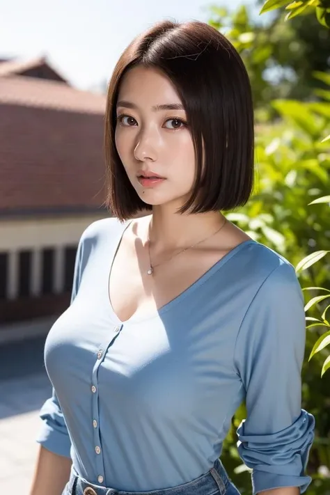 short hair,black hair,brown eyes,blurry,lips,plant,realistic,shirt,mole under mouth,brown hair,sexy pose,best quality,masterpiece,illustration,an extremely delicate and beautiful,CG,unity,8k wallpaper,Amazing,finely detail,masterpiece,official art,extremely detailed CG unity 8k wallpaper,incredibly absurdres,huge filesize,ultra-detailed,highres,extremely detailed,beautiful detailed girl,realistic,full frontal,outdoors,light contrast,blurry background,<lora:Haru_20231022145209:0.8>,