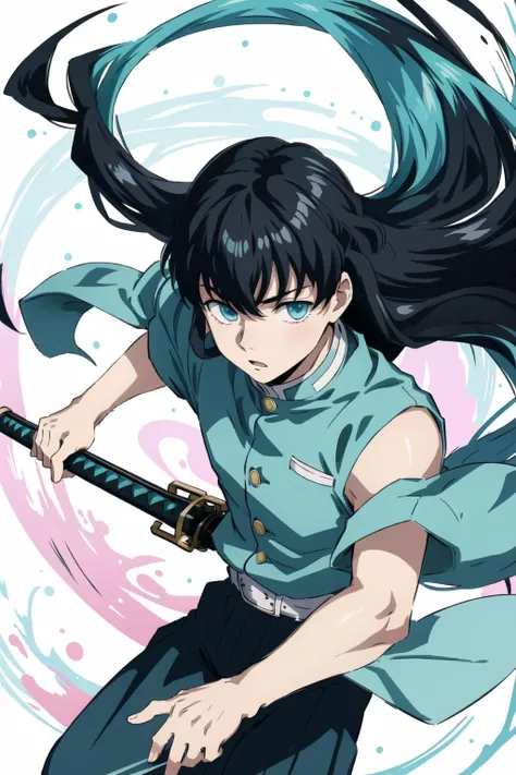 masterpice, best quality, (1boy:1), demon slayer uniform, solo, long hair, looking at viewer, bangs, black hair, aqua eyes, multicolored hair, Tokito_Muichirou, weapon , male focus, pants, background of a japansese village, daytime, <lora:TokitoMuichirou-000008:0.7>