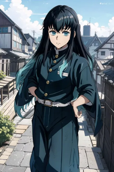 masterpice, best quality, (1boy:1), demon slayer uniform, solo, long hair, looking at viewer, bangs, black hair, aqua eyes, multicolored hair, Tokito_Muichirou, weapon , male focus, pants, (( village with wooden building)), daytime,  <lora:TokitoMuichirou-000008:1>