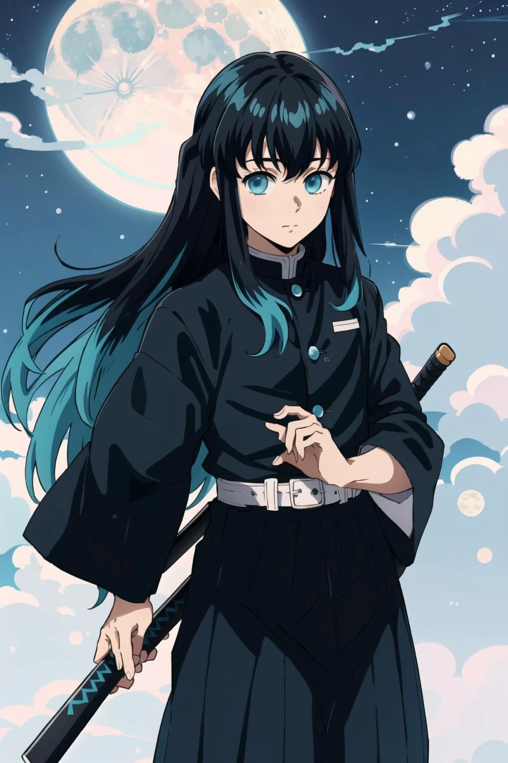masterpice, best quality, (1boy:1), demon slayer uniform, solo, long hair, looking at viewer, bangs, black hair, aqua eyes, multicolored hair, Tokito_Muichirou, weapon , male focus, pants, background of a japansese village, night time, moon light, <lora:TokitoMuichirou-000008:0.7>