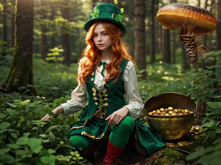 realistic,raw photo,cinematic,a cute young female leprechaun in a forest,big mushroom,bright day,ginger long hair, gold cauldron filled with gold coins,gold nuggets,green and white clothing,cloverleafs, best quality,very detailed,4k <lora:ShamrockWorld:1>