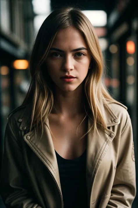 photo of fit (emw1ckersham:0.99), a beautiful woman, perfect hair, (modern photo), Faux shearling aviator jacket in a cream color with a cozy and vintage-inspired feel, portrait, 85mm, (analog, cinematic, film grain:1.3), ( Dystopian Slums, Gritty urban setting with rundown buildings, neon lights, scavengers, and surveillance systems.), detailed eyes, seductive pose, painted lips, (epiCPhoto), (looking at viewer:1.1), jewelry, (cinematic shot:1.3), (natural lighting, lit from above), <lora:add_detail:0.5>