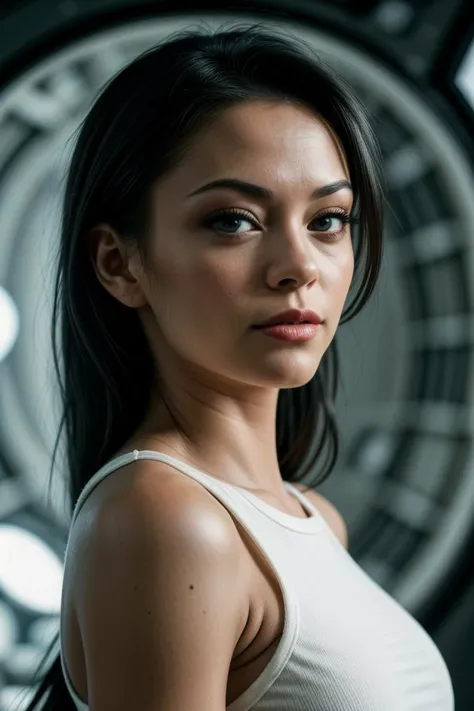 photo of fit K1mberVe1ls1-145, a beautiful woman, perfect hair, (modern photo), raglan sleeves, portrait, 85mm, (analog, cinematic, film grain:1.3), (Lunar Colony, Self-sustaining moon colony with domed structures, lunar rovers, spaceports, and Earthrise views.), detailed eyes, seductive pose, painted lips, (epiCPhoto), (looking at viewer:1.1), jewelry, (cinematic shot:1.3), (natural lighting, lit from above), <lora:add_detail:0.5>