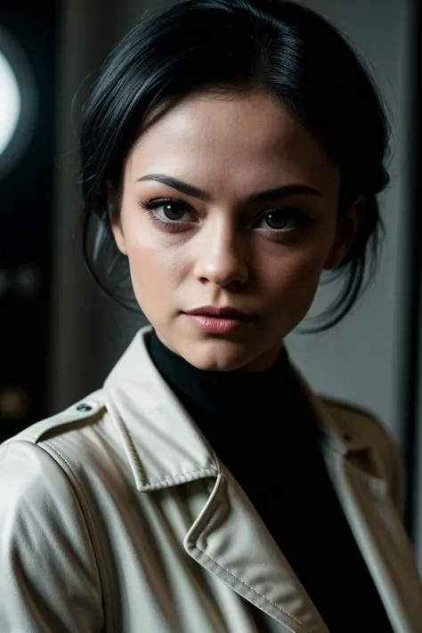 photo of fit K1mberVe1ls1-145, a beautiful woman, perfect hair, (modern photo), Faux leather moto jacket with quilted panels and a cropped silhouette, portrait, 85mm, (analog, cinematic, film grain:1.3), (Virtual Education Center, Futuristic facility with VR simulations, holographic lectures, and AI-guided learning.), detailed eyes, seductive pose, painted lips, (epiCPhoto), (looking at viewer:1.1), jewelry, (cinematic shot:1.3), (natural lighting, lit from above), <lora:add_detail:0.5>
