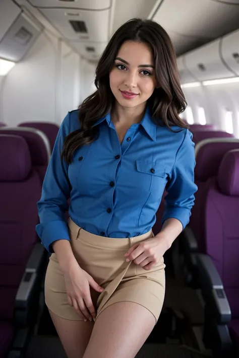 (The Flirtatious Flight Attendant, Adorned in a tight uniform skirt and buttoned shirt, showcasing the in-flight safety demonstration with an undeniable sultry touch, leaving passengers anticipating their arrival at every destination)
