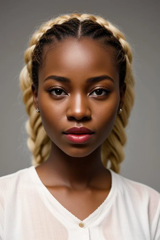 young adult ugandan woman,
,pretty,
bleached blonde,crown braid,
smeared lipstick,,