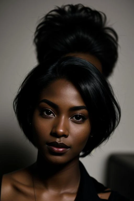 young adult (ebony dark black skin:1.2) woman,
,nerdy,
dark brown hair,short hair,
eyeliner,,