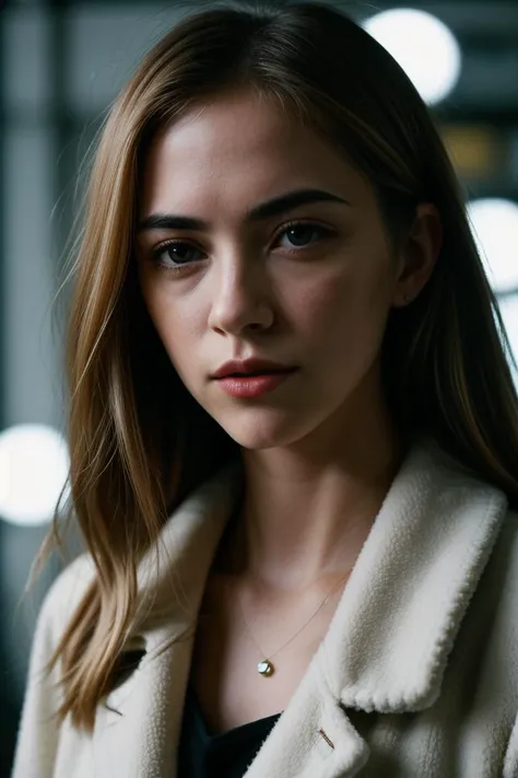 photo of fit (emw1ckersham:0.99), a beautiful woman, perfect hair, (modern photo), Teddy bear coat in a neutral tone with a relaxed fit and a cozy feel, portrait, 85mm, (analog, cinematic, film grain:1.3), ( Crystalline Planet, Planet of shimmering structures reflecting vibrant colors.), detailed eyes, seductive pose, painted lips, (epiCPhoto), (looking at viewer:1.1), jewelry, (cinematic shot:1.3), (natural lighting, lit from above), <lora:add_detail:0.5>