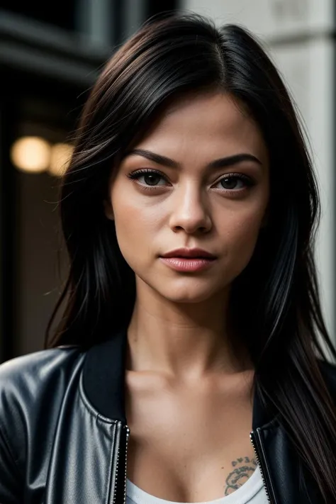 photo of fit K1mberVe1ls1-145, a beautiful woman, perfect hair, (modern photo), Faux shearling-lined bomber jacket with a sporty and casual vibe, portrait, 85mm, (analog, cinematic, film grain:1.3), (Alien Embassy, Diplomatic hub with ornate architecture, unique alien artifacts, and diverse species.), detailed eyes, seductive pose, painted lips, (epiCPhoto), (looking at viewer:1.1), jewelry, (cinematic shot:1.3), (natural lighting, lit from above), <lora:add_detail:0.5>