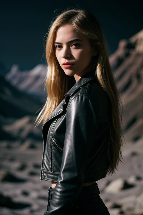 photo of fit (emw1ckersham:0.99), a beautiful woman, perfect hair, (modern photo), Faux leather biker jacket with metallic accents and a cropped length, portrait, 85mm, (analog, cinematic, film grain:1.3), ( Cratered Moon, Moon surface with countless craters, jagged ranges, and deep canyons.), detailed eyes, seductive pose, painted lips, (epiCPhoto), (looking at viewer:1.1), jewelry, (cinematic shot:1.3), (natural lighting, lit from above), <lora:add_detail:0.5>