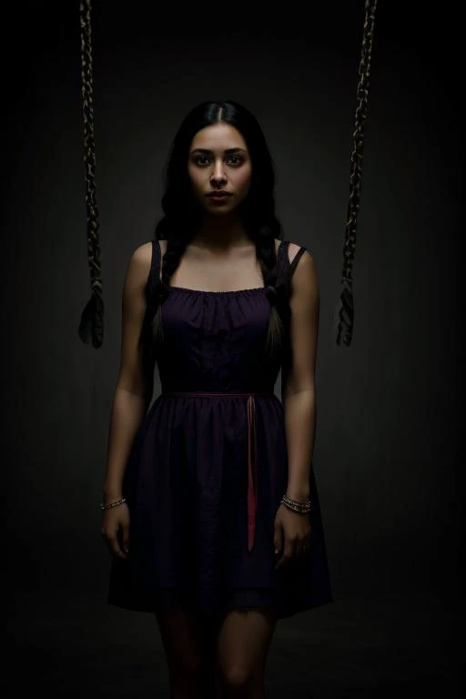 latin, latina, (woman:1.2),
,anemic,
dress,
raven hair,braids,
smeared makeup,,
playground swing
<lora:epi_noiseoffset2:1> dark studio, rim lighting, two tone lighting, dimly lit, low key
