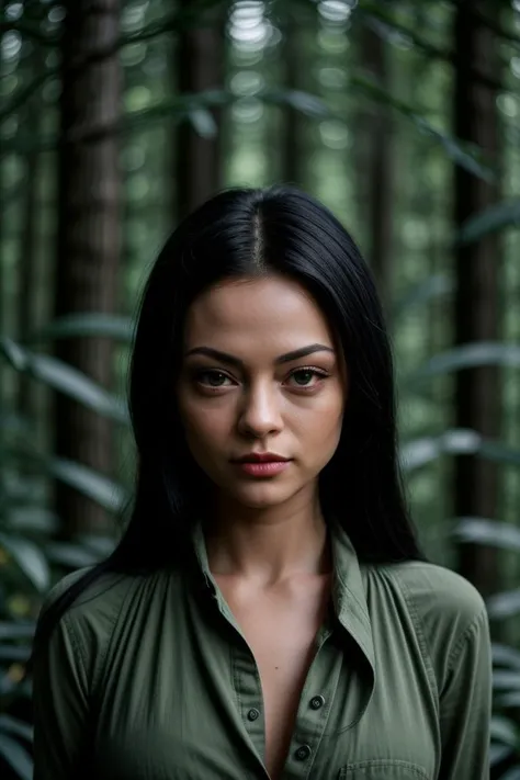 photo of fit K1mberVe1ls1-145, a beautiful woman, perfect hair, (modern photo), enigma trousers, elven cloaks, pumps, ,, portrait, 85mm, (analog, cinematic, film grain:1.3), (Bioengineered Forest, Genetically modified forest with glowing flora, exotic wildlife, and illuminating orbs.), detailed eyes, seductive pose, painted lips, (epiCPhoto), (looking at viewer:1.1), jewelry, (cinematic shot:1.3), (natural lighting, lit from above), <lora:add_detail:0.5>