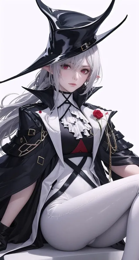 gladiia hairstyle, outfit-gladiia, 1girl, red eyes, pointy ears, solo, hat, sitting,looking at viewer,white pant, simple background, white background, long hair, grey hair<lora:outfit-gladiia-pynoise:1.1>