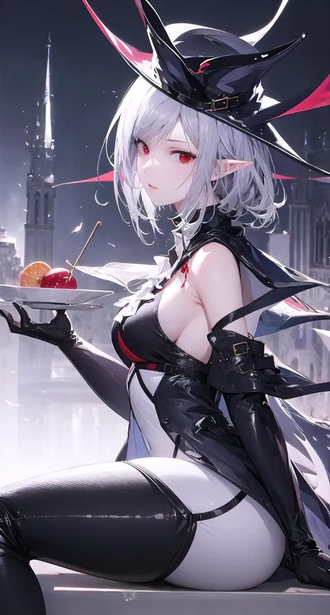 gladiia hairstyle, outfit-gladiia, 1girl, red eyes, pointy ears, solo,hat, sitting,looking at viewer,from side, cathedral, long hair, grey hair<lora:outfit-gladiia-pynoise:1.1>