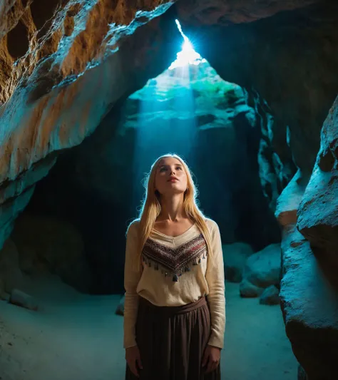 (wxpippper:1.1),<lora:SDXL_piperXL:0.99> breathtaking cinematic photo a portrait of a beautiful mysterious modest woman standing in a cave looking up at the descending light, the most clever photographer style, astonishing, gorgeous, imaginative, brilliant