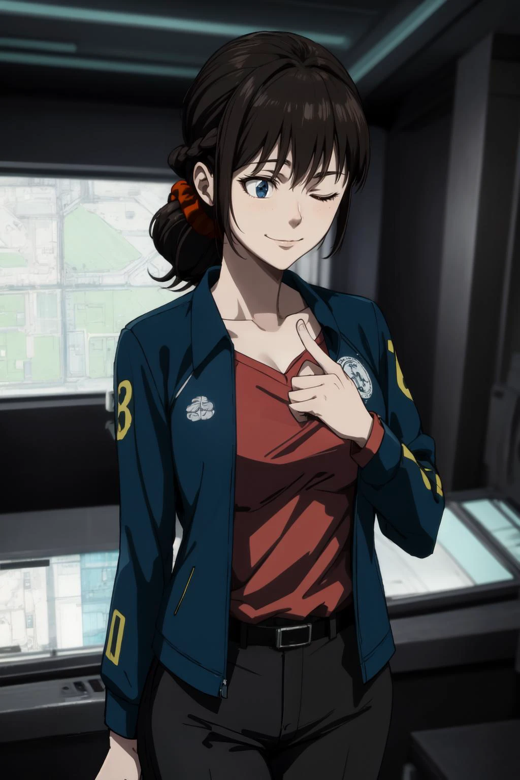masterpiece, best quality, absurdres, 1girl, Shimotsuki Mika <lora:Shimotsuki_Mika:0.8>, Scrunchie, braid, long hair, medium breasts, <lora:age_slider_v2:0.6>, <lora:breastsizeslideroffset:-0.1>, blue jacket, jacket, shirt, pants, BREAK (From above:0.8), (looking down:1.2), <lora:looking_down:1.4>, (detailed eyes), (closed mouth:1.2), light smile, <lora:smile_slider:0.8>, nice hands, perfect hands, <lora:GoodHands-beta2:0.8>, (beaufitul hand, beautiful finger:1.15), BREAK space outside window, large glass infills, space station, starry sky, (perfect anatomy), [Cinematic lighting|Volumetric Lighting],  cowboy shot, <lora:BetterFeet:1> 
 <lora:add_detail:0.2>,