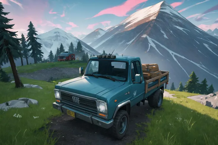 masterpiece, best quality, fortniteworld, (motor vehicle, truck), mountain, grass, highly detailed, <lora:fortniteworld:0.3>