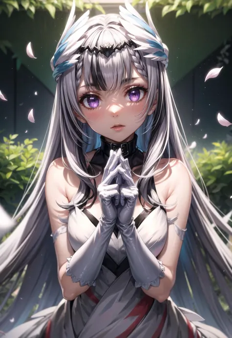 beautiful lighting, best quality, masterpiece, intricate detail, detailed background, shining skin, shining body, (shiny skin:1.2), (looking at viewer),  <lora:add_detail:0.5>, <lora:hairdetailer:0.2>, very long hair, (multicolored hair, black hair, white hair:1.2), head wings, purple eyes, dress, sleeveless dress, white gloves, elbow gloves, <lora:Veyle-09:0.6>, wide hips, garden, petals