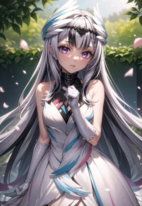 beautiful lighting, best quality, masterpiece, intricate detail, detailed background, shining skin, shining body, (shiny skin:1.2), (looking at viewer), <lora:add_detail:0.5>, <lora:hairdetailer:0.2>, very long hair, (multicolored hair, black hair, white hair:1.2), head wings, purple eyes, dress, sleeveless dress, white gloves, elbow gloves, <lora:Veyle-09:0.6>, wide hips, garden, petals
