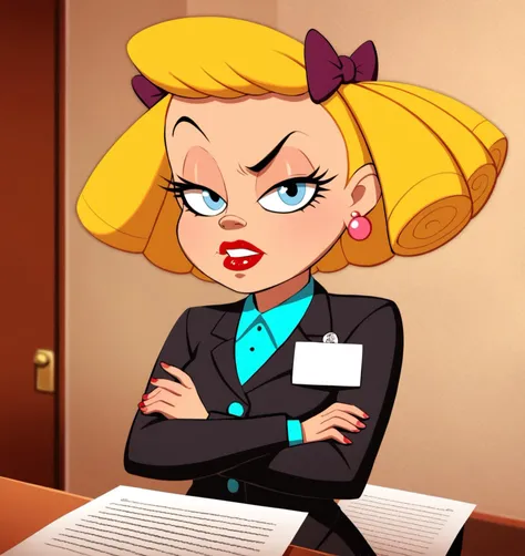 score_9, score_8_up, score_7_up, score_6_up, Detailed Background, BREAK
 <lora:Baby_Dahl_v2:0.8> mldahl, blonde hair, bow, 1girl, blue eyes, BREAK
Business, office, suit, arms crossed, raised eyebrow, lipstick, red earrings, name tag. paperwork