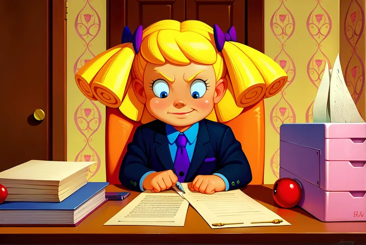 score_9, score_8_up, score_7_up, score_6_up, Detailed Background, BREAK
 <lora:Baby_Doll_Mary_Louise_Dahl:0.8>, 1girl, babydoll, child, black suit, blonde hair,  tie, office, paperwork, epic