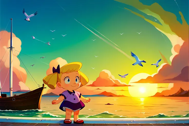 score_9, score_8_up, score_7_up, score_6_up, Detailed Background, BREAK
 <lora:Baby_Doll_Mary_Louise_Dahl:0.7>, 1girl, babydoll, child, blonde hair, white lace outfit, standing in a boat, ocean, clouds, seagulls, epic,