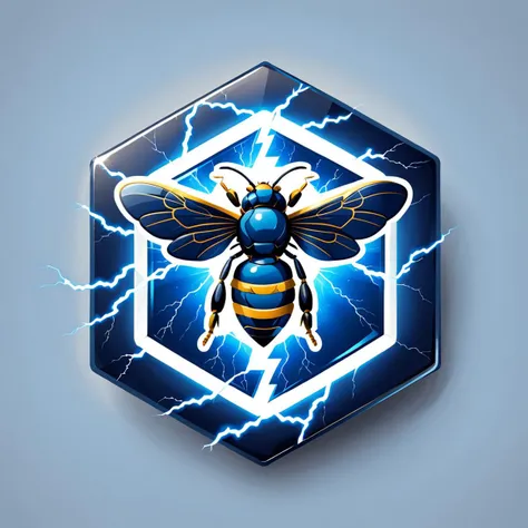 a hexagonal badge of an blue bee, lightning bolt, white logo,vector, <lora:badgemkrsdxl:0.9>, best quality,