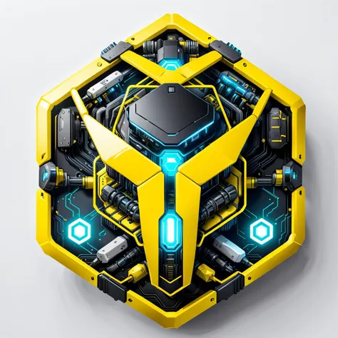 a hexagon with a cyberpunk , vector,  <lora:badgemkrsdxl:0.9>, best quality, white background, yellow