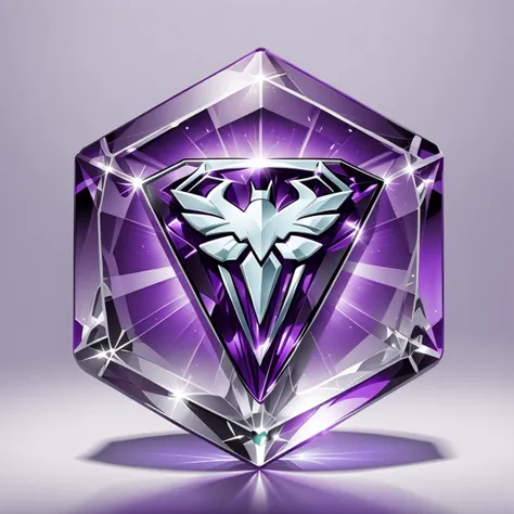 a crystal hexagon with a superhero,white logo,vector,  <lora:badgemkrsdxl:0.9>, best quality, purple and green