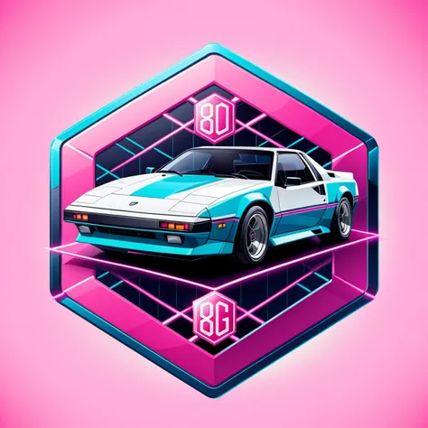 a hexagon with geometric logo of an 80s sports car, vector, <lora:badgemkrsdxl:0.9>, best quality, retro, pink and blue, white background, cyber grid