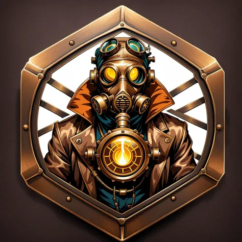 a hexagon with a steampunk in gas mask , vector,  <lora:badgemkrsdxl:0.9>, best quality, bronze, cog,