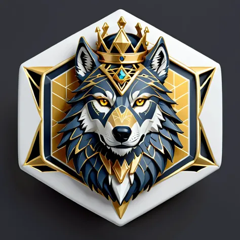 a stylized badge of a wolf with a golden crown, hexagon, vector, <lora:badgemkrsdxl:0.9>, best quality, text " King wolfie"