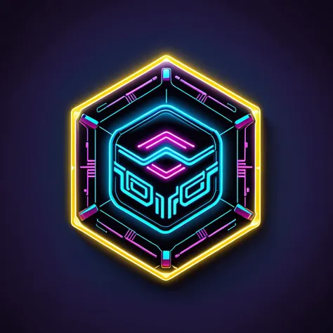 a hexagonal badge of cyberpunk, neon lights, retro,  vector,  <lora:badgemkrsdxl:0.9>, best quality, tech