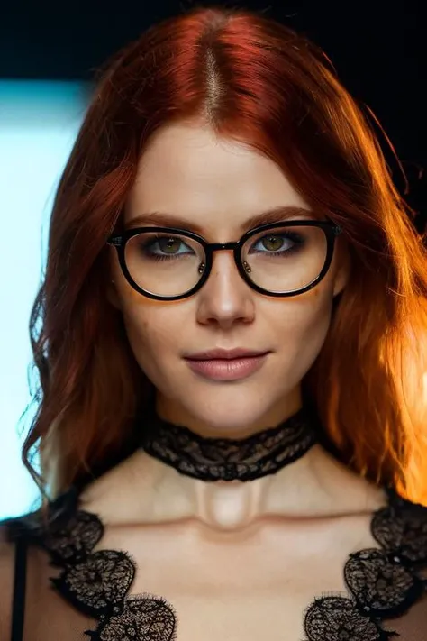 glasses, Sharp Focus, wo_heidi02, (close-up:0.8), (slight smile:0.4), low key lighting, shot on Lumix GH5, cinematic bokeh, lace choker, hazel eyes, red tied hair, (black background:1.2), sharp cheekbones, teasing, detailed skin, <lora:woHeidi02:0.85>